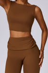 PACK2611657-P1017-1, Coffee Backless Active Tank Top and Ruched Waist Flare Pants Set