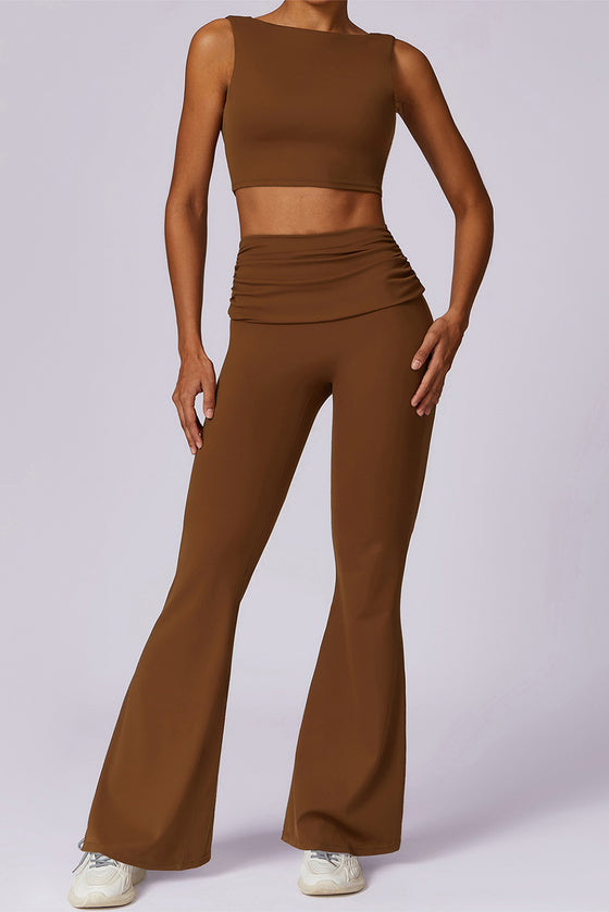 PACK2611657-P1017-1, Coffee Backless Active Tank Top and Ruched Waist Flare Pants Set