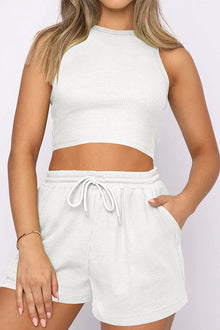  PACK2611664-P1-1, White Waffle Knit Tank Top and Sports Shorts Two Piece Set