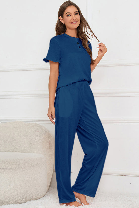 PACK15978-P905-1, Sail Blue Buttoned Tee and Wide Leg Pants Lounge Set