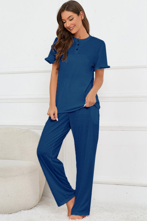 PACK15978-P905-1, Sail Blue Buttoned Tee and Wide Leg Pants Lounge Set