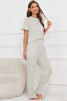  PACK15978-P1011-1, Light Grey Buttoned Tee and Wide Leg Pants Lounge Set