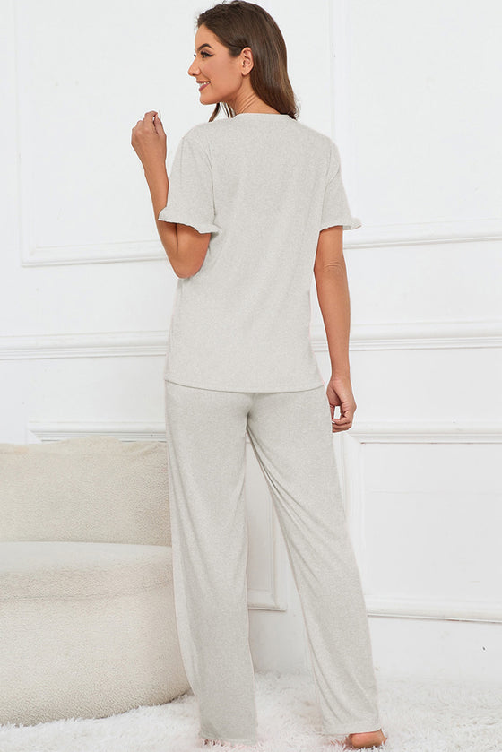 PACK15978-P1011-1, Light Grey Buttoned Tee and Wide Leg Pants Lounge Set