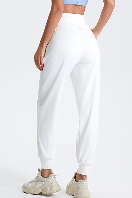PACK265564-P1-1, White Solid Color High Waist Side Pockets Active Joggers