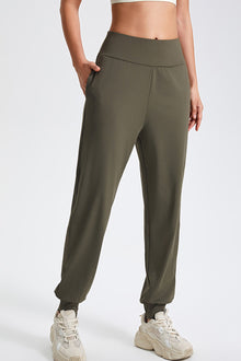  PACK265564-P1609-1, Moss Green Solid Color High Waist Side Pockets Active Joggers