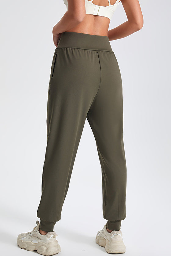 PACK265564-P1609-1, Moss Green Solid Color High Waist Side Pockets Active Joggers