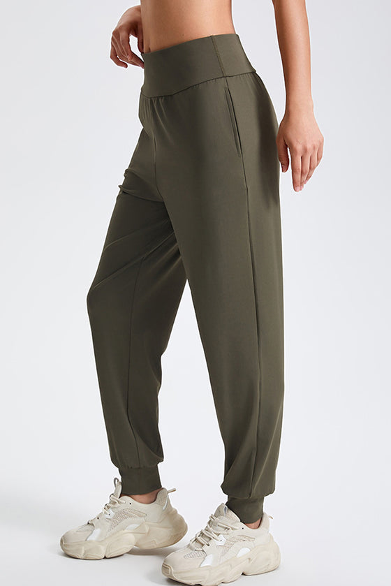 PACK265564-P1609-1, Moss Green Solid Color High Waist Side Pockets Active Joggers