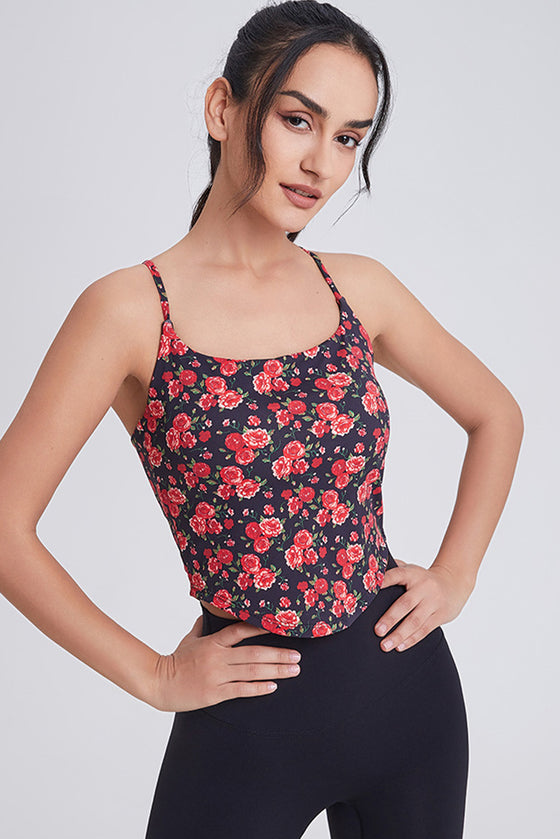 PACK264791-P320-1, Red Solid/Floral Spaghetti Straps U Neck Active Tank Top