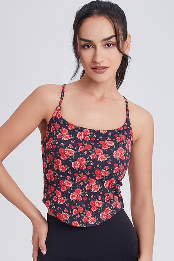 PACK264791-P320-1, Red Solid/Floral Spaghetti Straps U Neck Active Tank Top