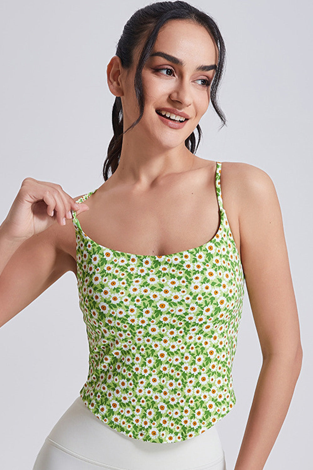  PACK264791-P920-1, Green Solid/Floral Spaghetti Straps U Neck Active Tank Top