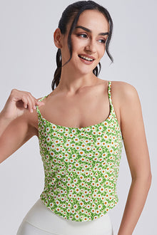  PACK264791-P920-1, Green Solid/Floral Spaghetti Straps U Neck Active Tank Top