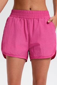  PACK265568-P106-1, Bright Pink Solid Color Elastic Waist Fake Two Piece Active Shorts