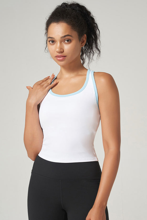 PACK264792-P1-1, White Sleeveless Color Block Trim Racerback Active Tank Top