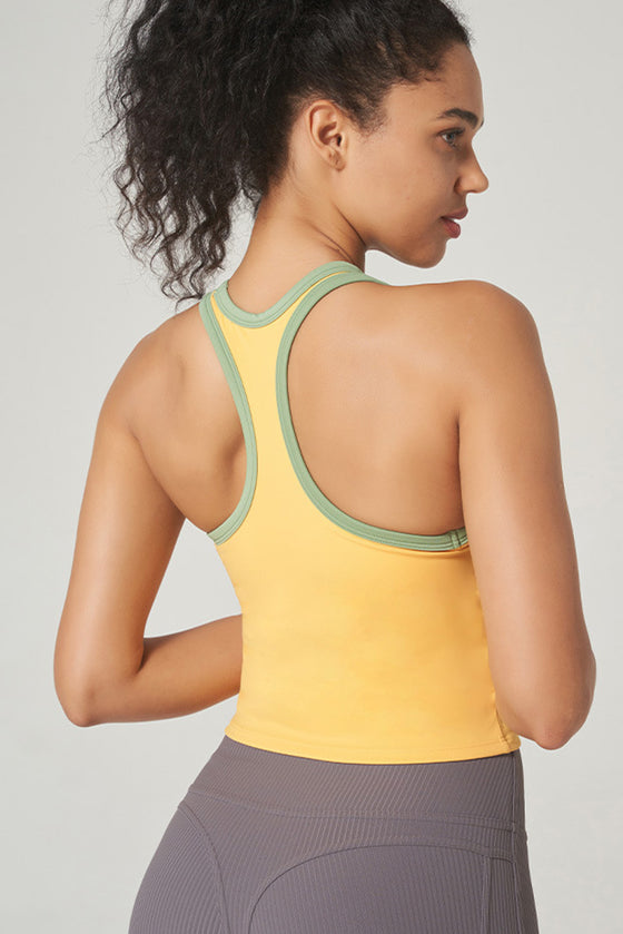 PACK264792-P107-1, Yellow Cream Sleeveless Color Block Trim Racerback Active Tank Top