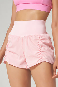  PACK265563-P1010-1, Light Pink Solid Color Ruched High Waist Fake Two Piece Active Shorts