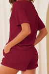 PACK15989-P503-1, Burgundy Jacquard Short Sleeve Top and Drawstring Shorts Set
