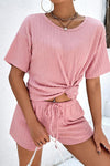 PACK15989-P4010-1, Peach Blossom Jacquard Short Sleeve Top and Drawstring Shorts Set