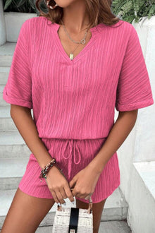  PACK15990-P406-1, Sachet Pink Crinkle Textured V Neck Tee and Shorts Set