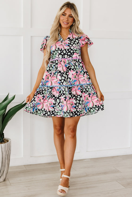 PACK6119013-P1022-1, Pink Leopard Floral Ricrac Embellished Tiered Mini Dress