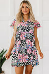 PACK6119013-P1022-1, Pink Leopard Floral Ricrac Embellished Tiered Mini Dress