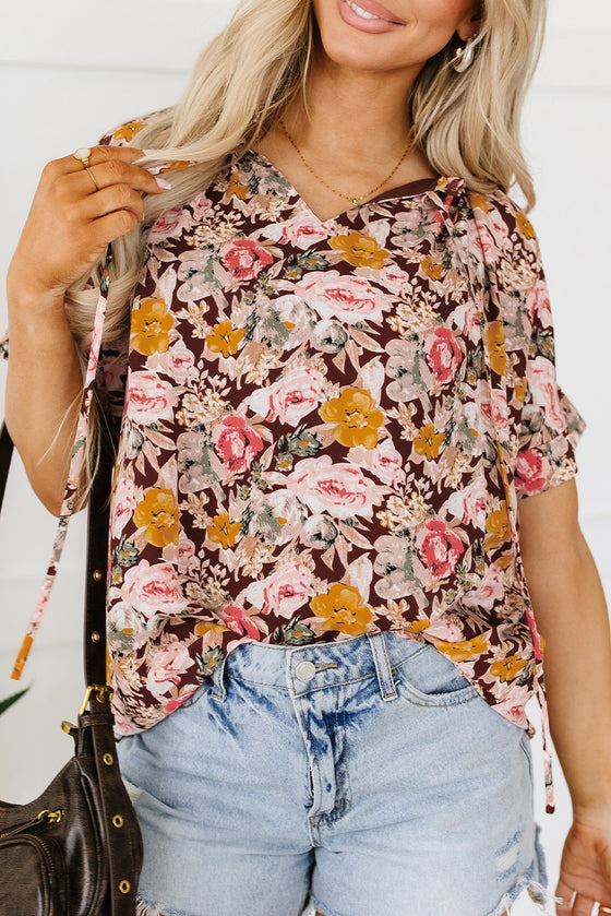 PACK25126119-P1022-1, Pink Floral Print Bubble Hem Split Neck Blouse