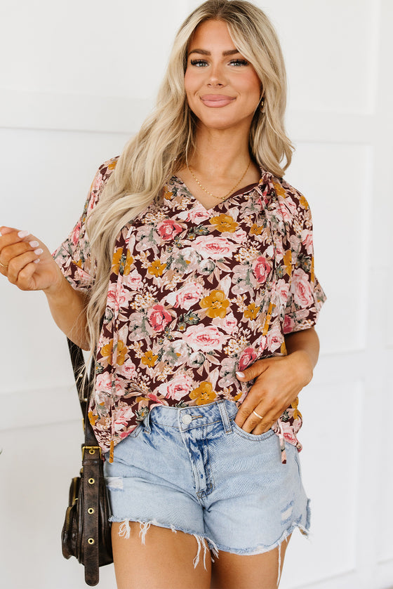 PACK25126119-P1022-1, Pink Floral Print Bubble Hem Split Neck Blouse