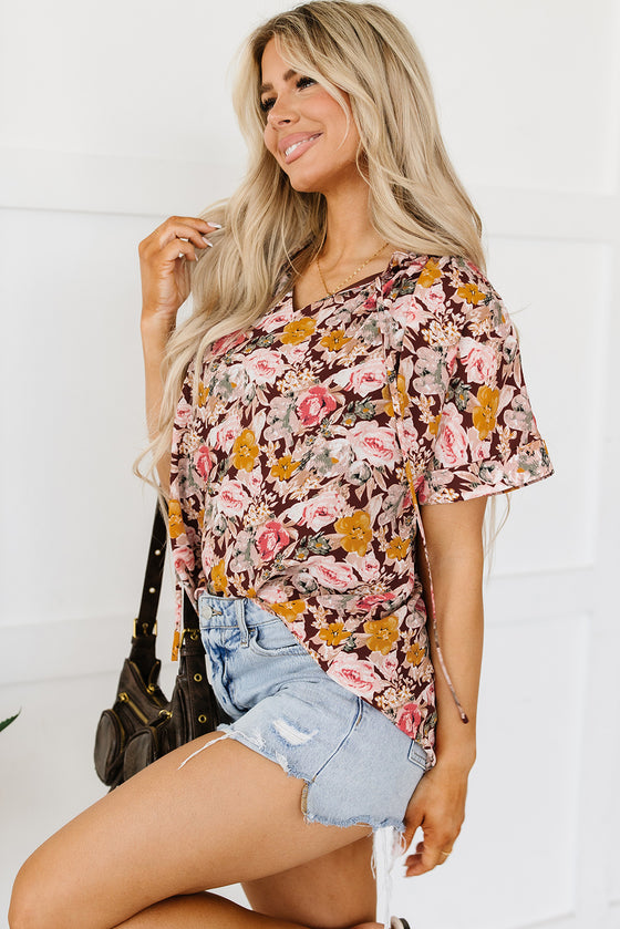 PACK25126119-P1022-1, Pink Floral Print Bubble Hem Split Neck Blouse