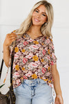 PACK25126119-P1022-1, Pink Floral Print Bubble Hem Split Neck Blouse