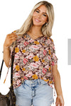 PACK25126119-P1022-1, Pink Floral Print Bubble Hem Split Neck Blouse