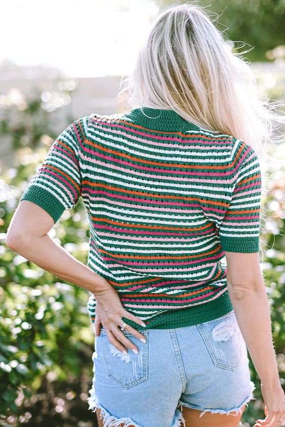 PACK277075-P209-1, Dark Green Striped Pattern Contrast Trim Pointelle Knit T Shirt