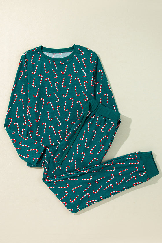 LC151067-P920-S, LC151067-P920-M, LC151067-P920-L, LC151067-P920-XL, Green Christmas Candy Cane Printed Top and Pants Lounge Set