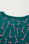 LC151067-P920-S, LC151067-P920-M, LC151067-P920-L, LC151067-P920-XL, Green Christmas Candy Cane Printed Top and Pants Lounge Set