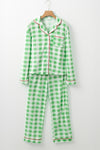 LC151066-P809-S, LC151066-P809-M, LC151066-P809-L, LC151066-P809-XL, Light Green Christmas Plaid Print Shirt and Pants Pajama Set