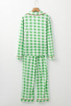 LC151066-P809-S, LC151066-P809-M, LC151066-P809-L, LC151066-P809-XL, Light Green Christmas Plaid Print Shirt and Pants Pajama Set