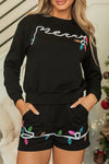 LC626419-P2-S, LC626419-P2-M, LC626419-P2-L, LC626419-P2-XL, LC626419-P2-2XL, Black Sequin Merry Graphic Pullover and Shorts Outfit