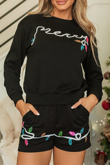  LC626419-P2-S, LC626419-P2-M, LC626419-P2-L, LC626419-P2-XL, LC626419-P2-2XL, Black Sequin Merry Graphic Pullover and Shorts Outfit