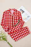 LC151066-P3-S, LC151066-P3-M, LC151066-P3-L, LC151066-P3-XL, Fiery Red Christmas Plaid Print Shirt and Pants Pajama Set