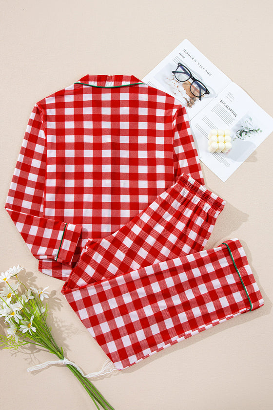 LC151066-P3-S, LC151066-P3-M, LC151066-P3-L, LC151066-P3-XL, Fiery Red Christmas Plaid Print Shirt and Pants Pajama Set