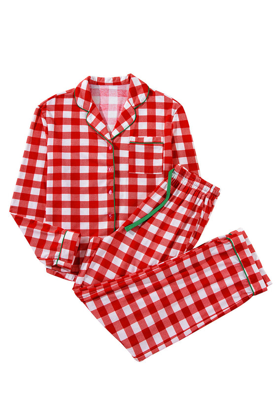 LC151066-P3-S, LC151066-P3-M, LC151066-P3-L, LC151066-P3-XL, Fiery Red Christmas Plaid Print Shirt and Pants Pajama Set