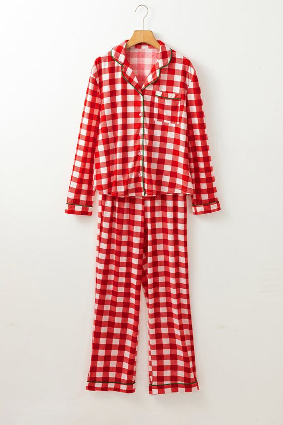 LC151066-P3-S, LC151066-P3-M, LC151066-P3-L, LC151066-P3-XL, Fiery Red Christmas Plaid Print Shirt and Pants Pajama Set