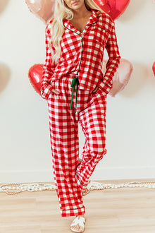  LC151066-P3-S, LC151066-P3-M, LC151066-P3-L, LC151066-P3-XL, Fiery Red Christmas Plaid Print Shirt and Pants Pajama Set