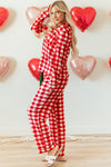 LC151066-P3-S, LC151066-P3-M, LC151066-P3-L, LC151066-P3-XL, Fiery Red Christmas Plaid Print Shirt and Pants Pajama Set