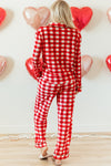 LC151066-P3-S, LC151066-P3-M, LC151066-P3-L, LC151066-P3-XL, Fiery Red Christmas Plaid Print Shirt and Pants Pajama Set