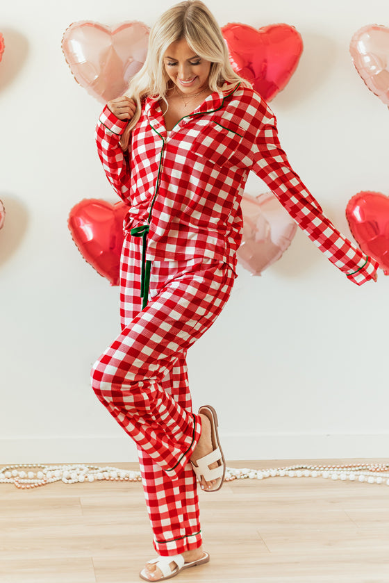 LC151066-P3-S, LC151066-P3-M, LC151066-P3-L, LC151066-P3-XL, Fiery Red Christmas Plaid Print Shirt and Pants Pajama Set