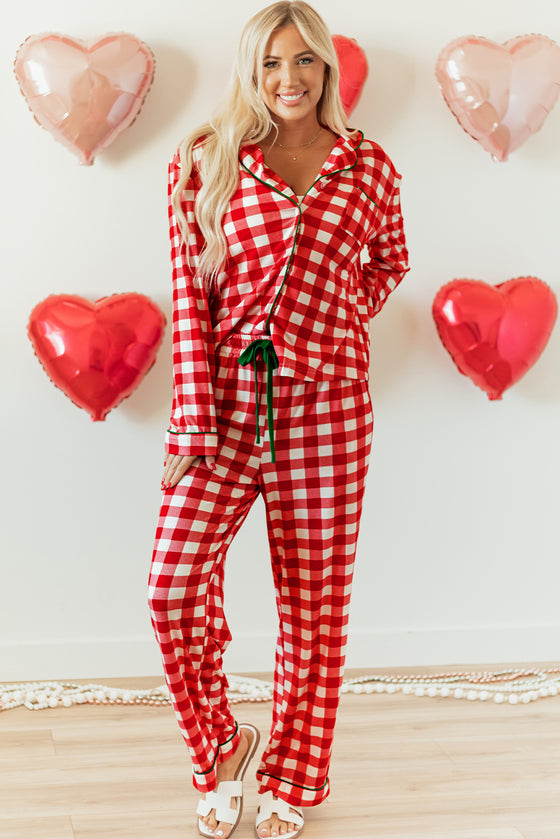 LC151066-P3-S, LC151066-P3-M, LC151066-P3-L, LC151066-P3-XL, Fiery Red Christmas Plaid Print Shirt and Pants Pajama Set