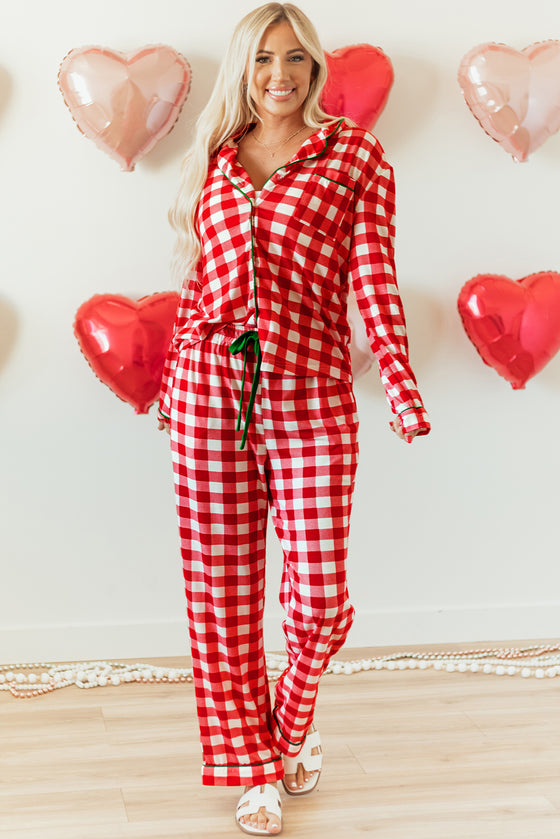 LC151066-P3-S, LC151066-P3-M, LC151066-P3-L, LC151066-P3-XL, Fiery Red Christmas Plaid Print Shirt and Pants Pajama Set