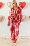 LC151066-P3-S, LC151066-P3-M, LC151066-P3-L, LC151066-P3-XL, Fiery Red Christmas Plaid Print Shirt and Pants Pajama Set