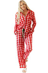 LC151066-P3-S, LC151066-P3-M, LC151066-P3-L, LC151066-P3-XL, Fiery Red Christmas Plaid Print Shirt and Pants Pajama Set