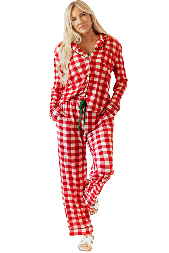 LC151066-P3-S, LC151066-P3-M, LC151066-P3-L, LC151066-P3-XL, Fiery Red Christmas Plaid Print Shirt and Pants Pajama Set