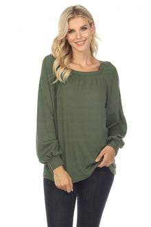 GREEN SCOOP NECK PUFF SLEEVE WAFFLE KNIT TOP